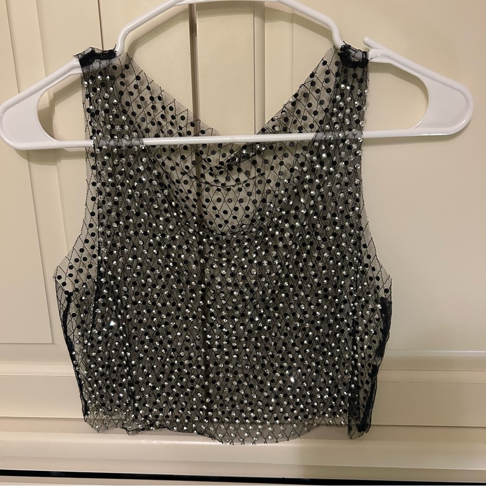 Source Unknown Black Sheer Crop Top with Silver Details